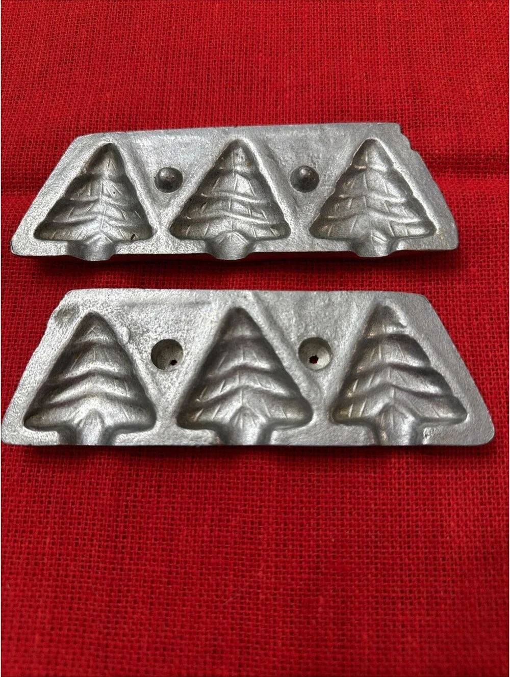 Antique Pewter Candy Mold 3 Christmas Trees Chocolate 3D Holiday Two piece Set